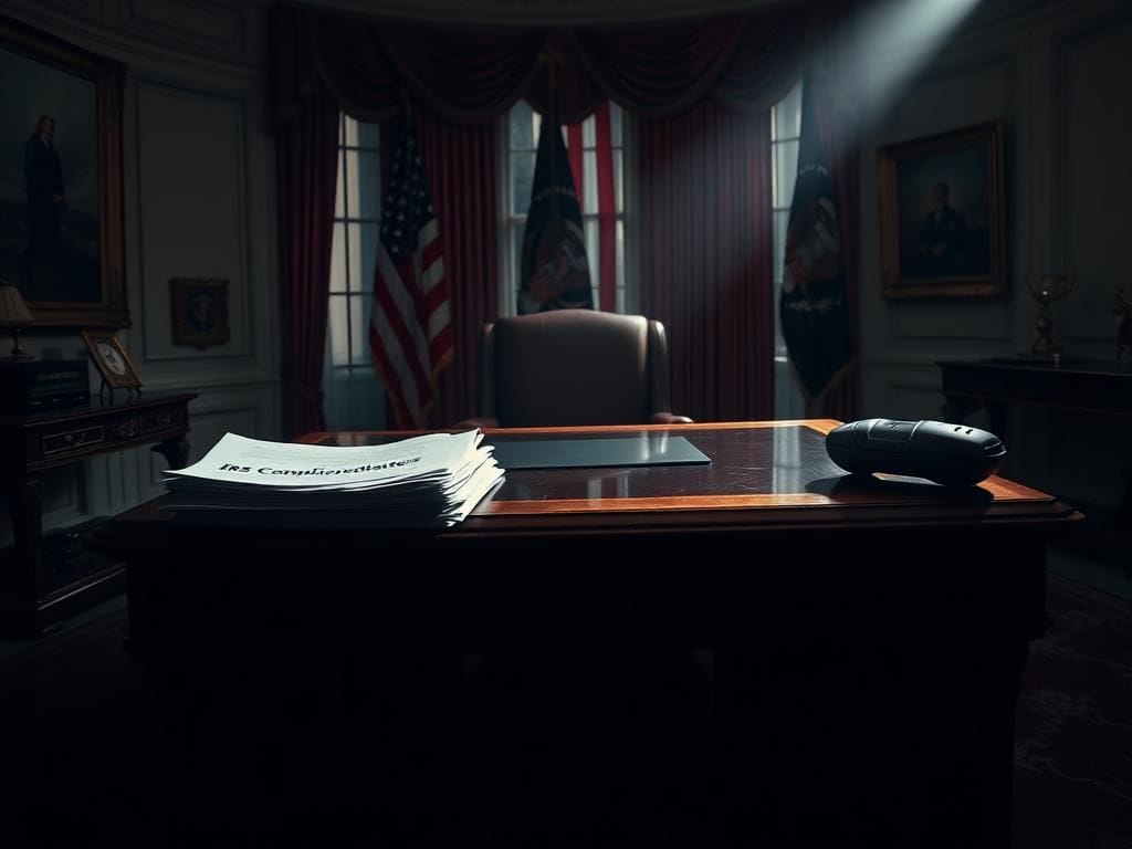 Flick International Tense atmosphere in the Oval Office with documents and gadgets symbolizing political conflict