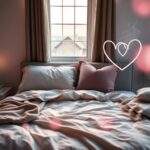 Flick International A serene bedroom scene at twilight with a cozy bed, soft linens, and a calming candle