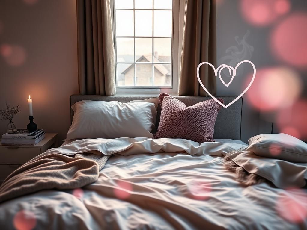 Flick International A serene bedroom scene at twilight with a cozy bed, soft linens, and a calming candle