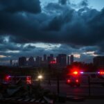Flick International City skyline of Los Angeles at twilight with storm clouds and emergency lights