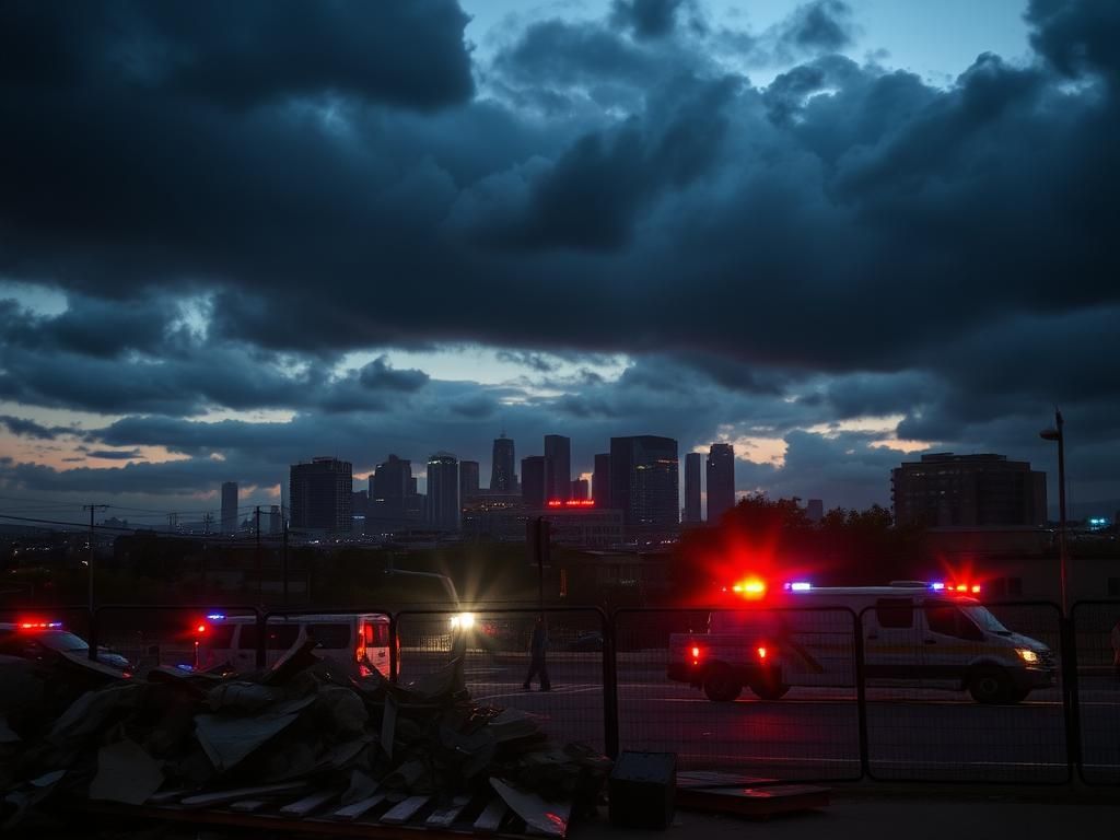 Flick International City skyline of Los Angeles at twilight with storm clouds and emergency lights