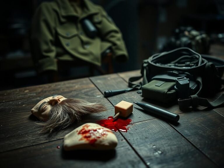 Flick International Close-up of a weathered wooden table with film props, fake beard, and makeup sponge stained with fake blood