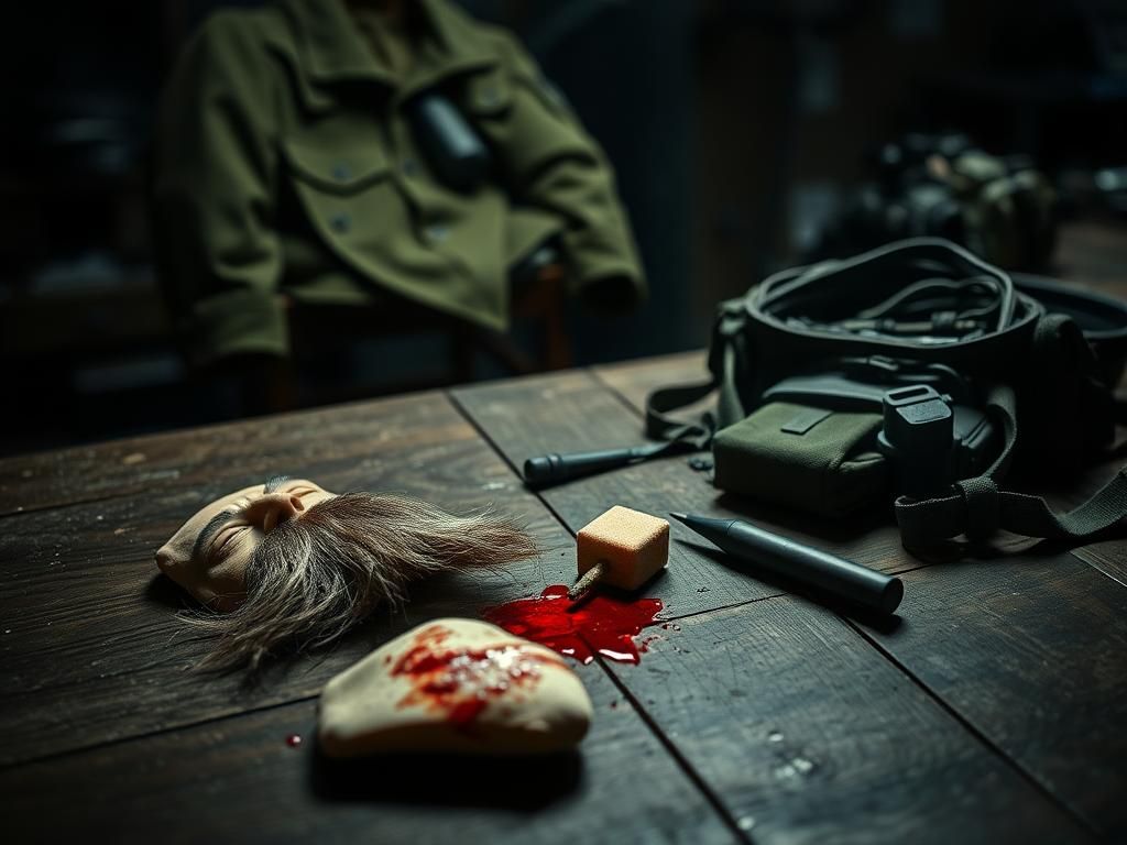 Flick International Close-up of a weathered wooden table with film props, fake beard, and makeup sponge stained with fake blood