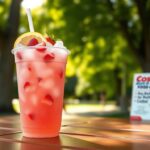 Flick International Close-up of a frozen strawberry lemonade drink garnished with lemon and mint on a picnic table