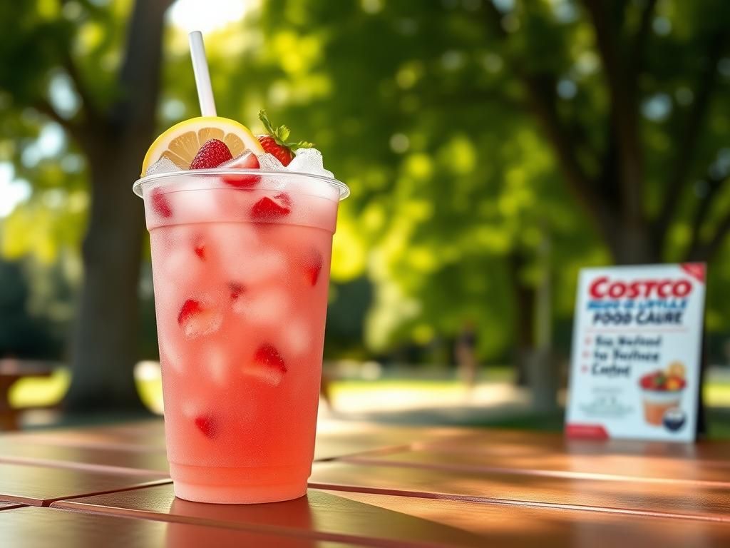 Flick International Close-up of a frozen strawberry lemonade drink garnished with lemon and mint on a picnic table