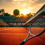 Flick International Dramatic scene of a tennis court at Roland Garros with a tennis ball mid-air and sunset backdrop