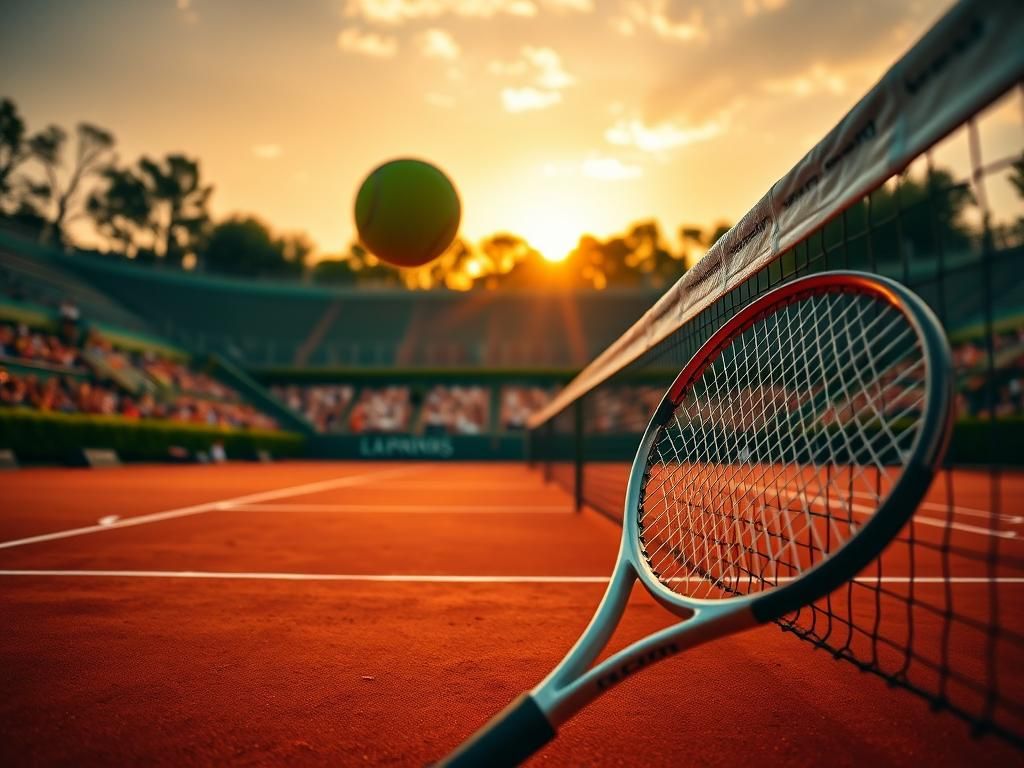 Flick International Dramatic scene of a tennis court at Roland Garros with a tennis ball mid-air and sunset backdrop