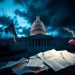 Flick International Dramatic scene of the Capitol building at twilight with storm clouds, symbolizing political turmoil.