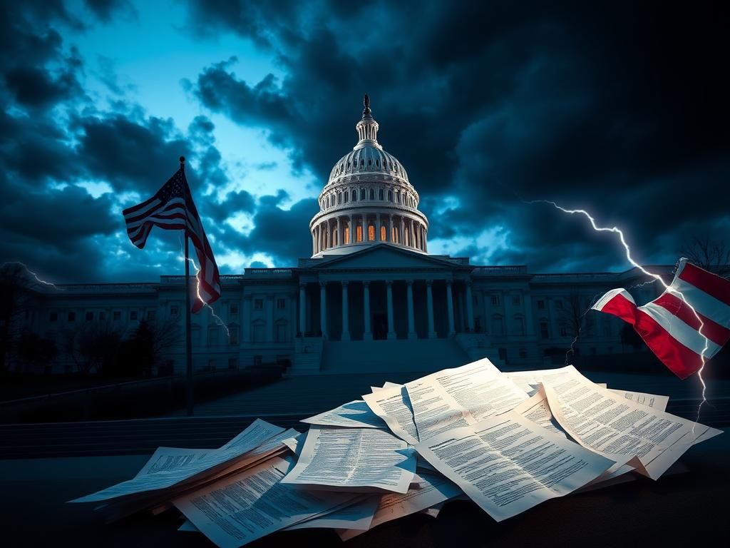 Flick International Dramatic scene of the Capitol building at twilight with storm clouds, symbolizing political turmoil.