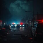Flick International Chaotic urban scene at night with remnants of protests and riots
