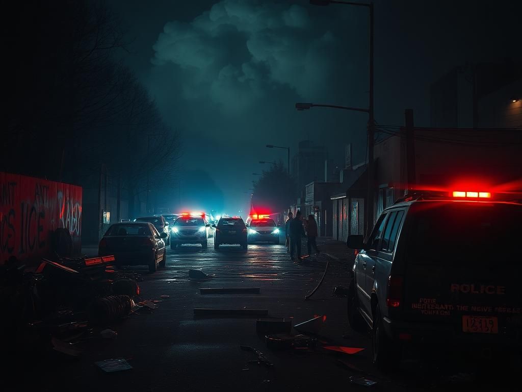 Flick International Chaotic urban scene at night with remnants of protests and riots