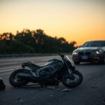 Flick International Damaged motorcycle and luxury sedan at accident scene in Texas