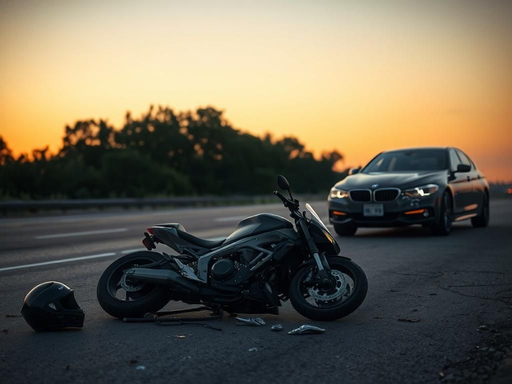 Flick International Damaged motorcycle and luxury sedan at accident scene in Texas