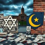 Flick International A collage depicting the Star of David and crescent moon symbols against graffiti in an urban environment