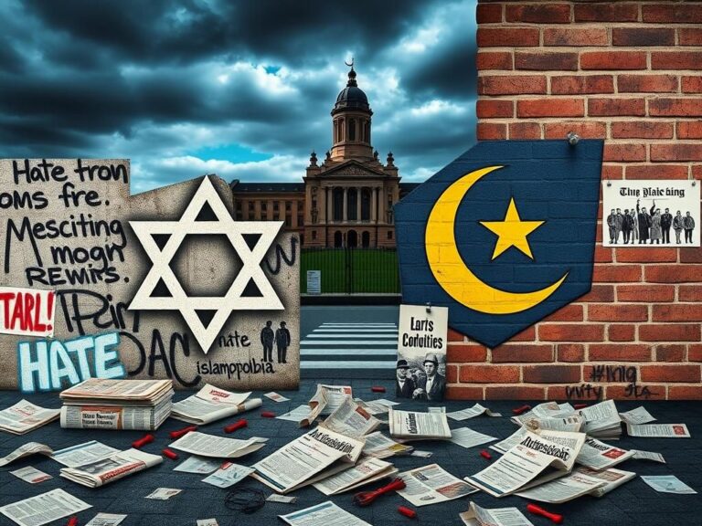 Flick International A collage depicting the Star of David and crescent moon symbols against graffiti in an urban environment