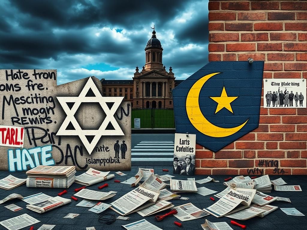 Flick International A collage depicting the Star of David and crescent moon symbols against graffiti in an urban environment