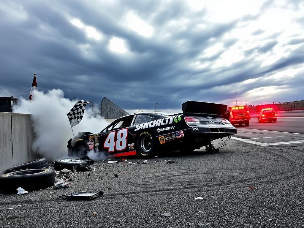 Flick International NASCAR No. 48 car wrecked against the wall at Michigan International Speedway