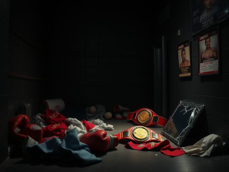 Flick International Dimly lit backstage scene showcasing scattered boxing gear, reflecting tension and conflict