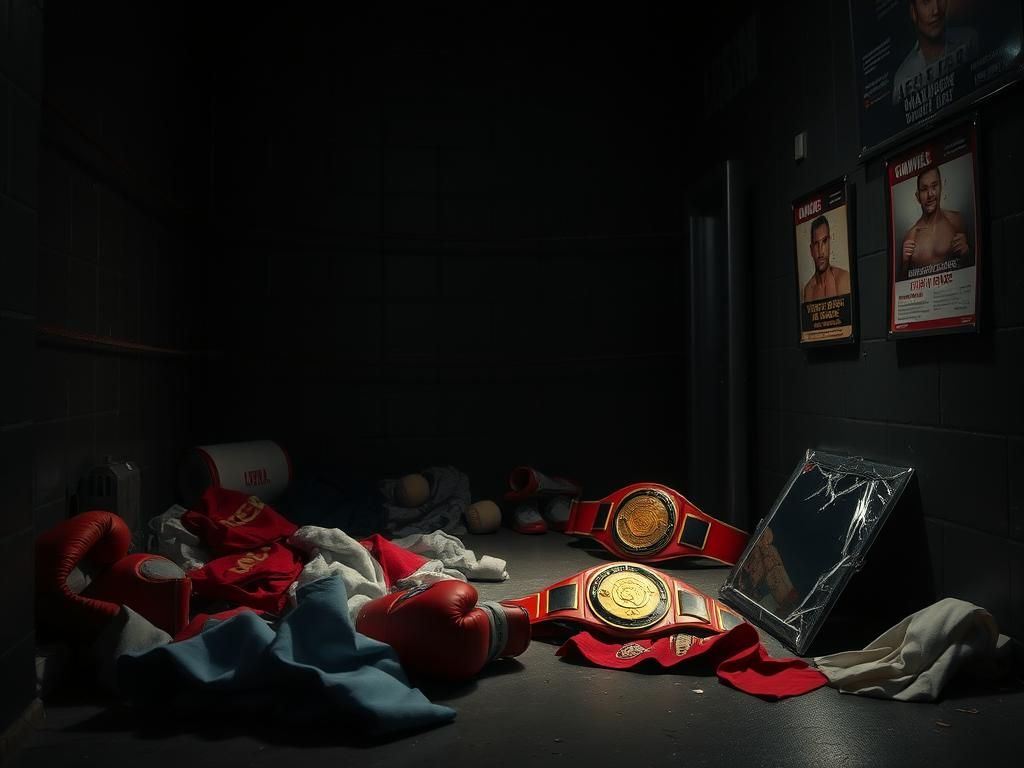 Flick International Dimly lit backstage scene showcasing scattered boxing gear, reflecting tension and conflict