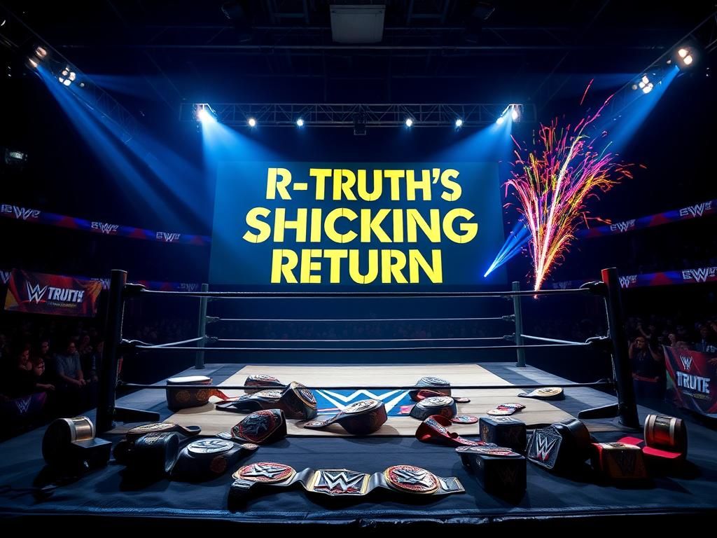Flick International Dramatic wrestling ring at night with bright spotlights and championship belts