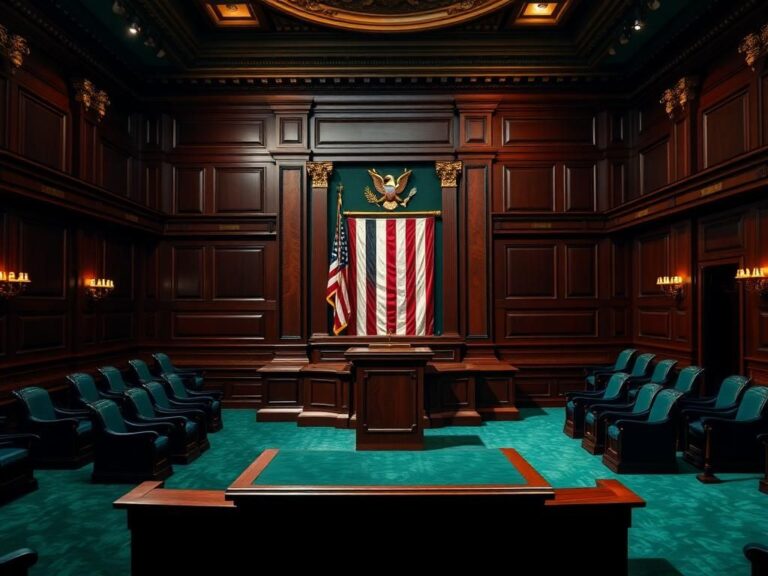 Flick International A full-sized replica of the U.S. Senate Chamber featuring elegant dark wood paneling and an empty podium under warm lighting.