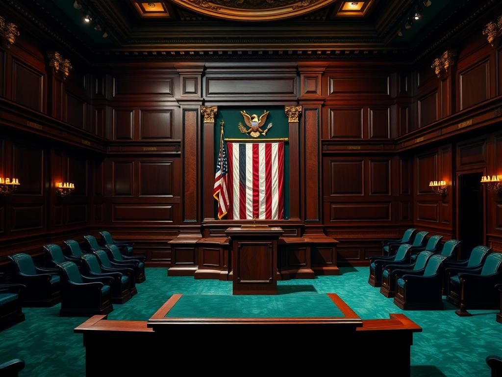 Flick International A full-sized replica of the U.S. Senate Chamber featuring elegant dark wood paneling and an empty podium under warm lighting.