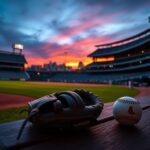 Flick International Weathered baseball glove and ball on a bench at twilight, symbolizing Red Sox loyalty
