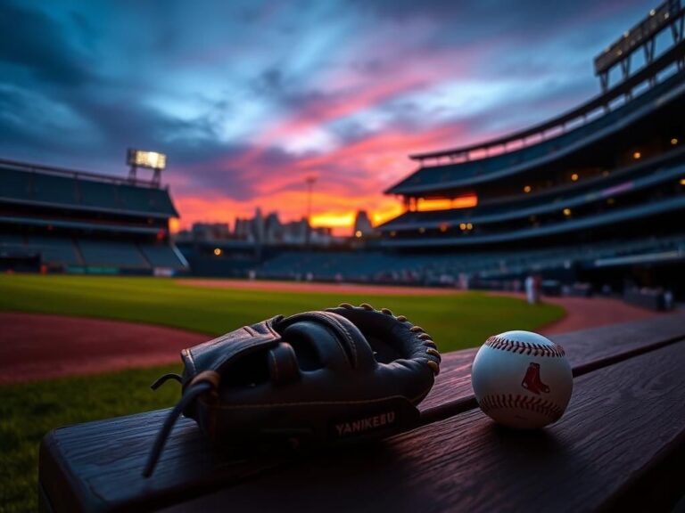 Flick International Weathered baseball glove and ball on a bench at twilight, symbolizing Red Sox loyalty