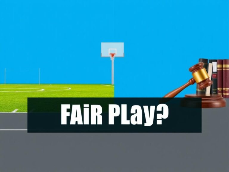 Flick International Split scene showing a sports field with a basketball hoop and a courtroom with a gavel, symbolizing the clash between athletics and legal debate.