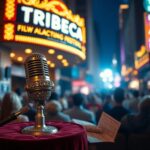 Flick International Vibrant scene of the Tribeca Festival venue showcasing an ornate microphone symbolizing Miley Cyrus's surprise performance.