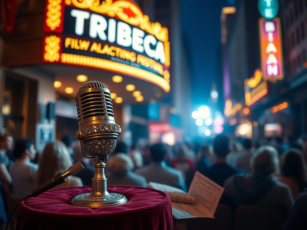 Flick International Vibrant scene of the Tribeca Festival venue showcasing an ornate microphone symbolizing Miley Cyrus's surprise performance.