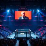 Flick International A vibrant UFC arena with the octagon and banners for O'Malley and Dvalishvili, capturing mixed fan emotions ahead of Trump's appearance.