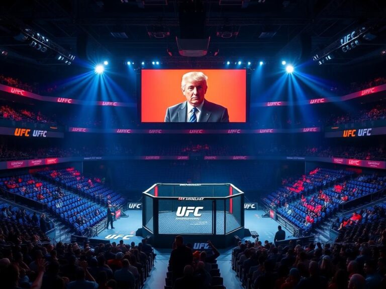 Flick International A vibrant UFC arena with the octagon and banners for O'Malley and Dvalishvili, capturing mixed fan emotions ahead of Trump's appearance.