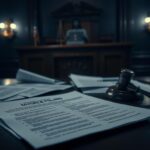 Flick International Dimly lit courtroom featuring a wooden judge's bench and blurred divorce filings