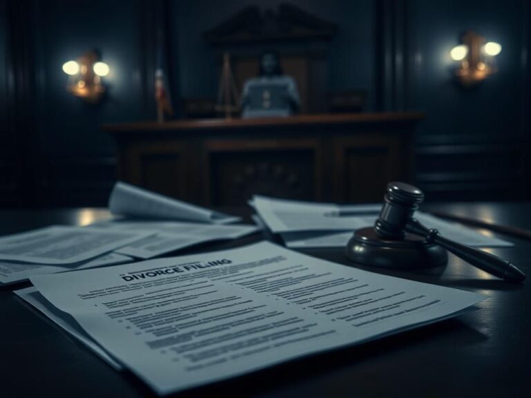 Flick International Dimly lit courtroom featuring a wooden judge's bench and blurred divorce filings