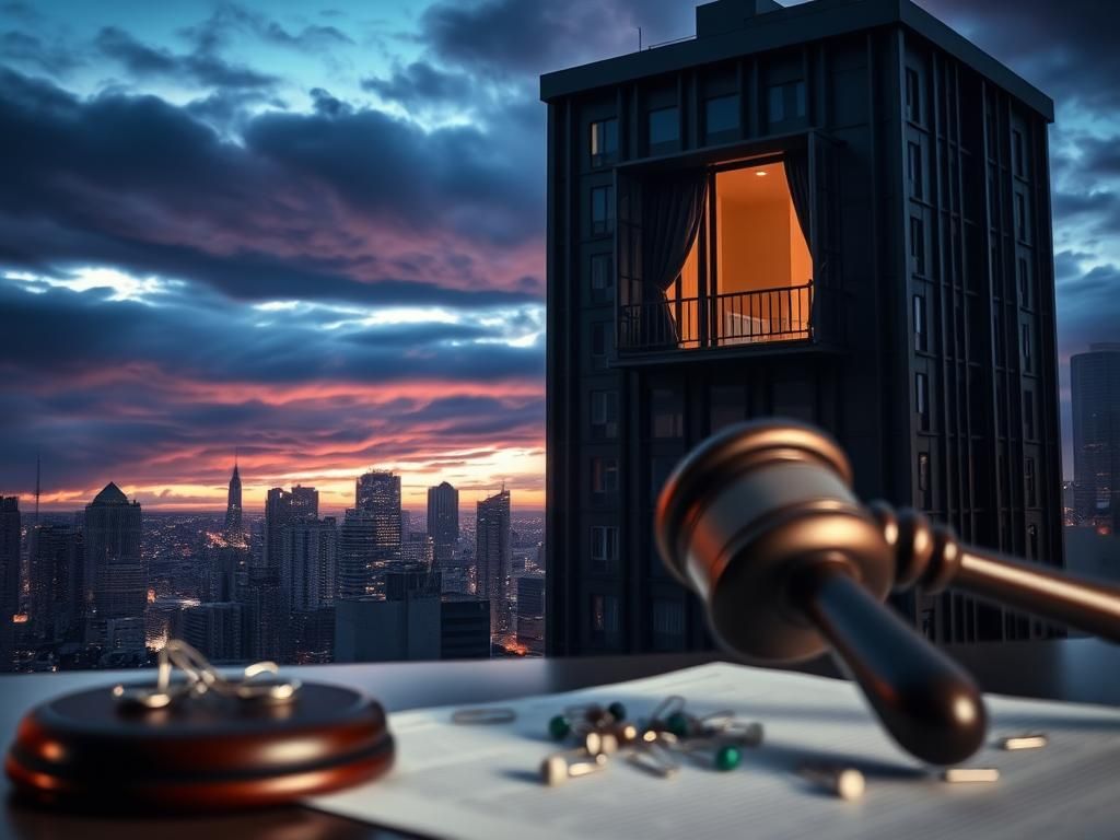 Flick International Twilight urban skyline featuring a shadowy balcony on a high-rise building