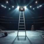 Flick International A dramatic scene of a WWE Money in the Bank ladder match in an empty arena