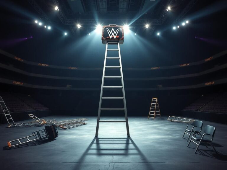 Flick International A dramatic scene of a WWE Money in the Bank ladder match in an empty arena