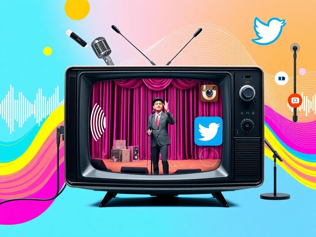 Flick International A digital collage showcasing the evolution of comedy through social media and podcasting, featuring soundwaves, microphones, and a vintage 90s TV set.