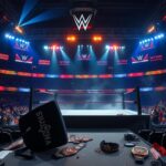 Flick International Dynamic scene of a vibrant WWE wrestling ring at night with bright lights and an overturned announcer table.