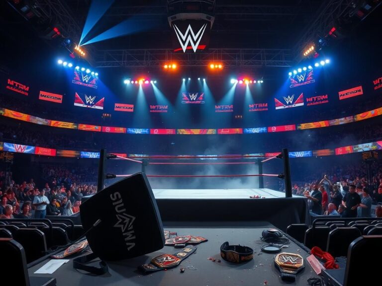 Flick International Dynamic scene of a vibrant WWE wrestling ring at night with bright lights and an overturned announcer table.