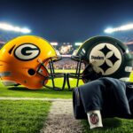 Flick International Vibrant football field under bright lights at a nighttime stadium with team helmets displayed