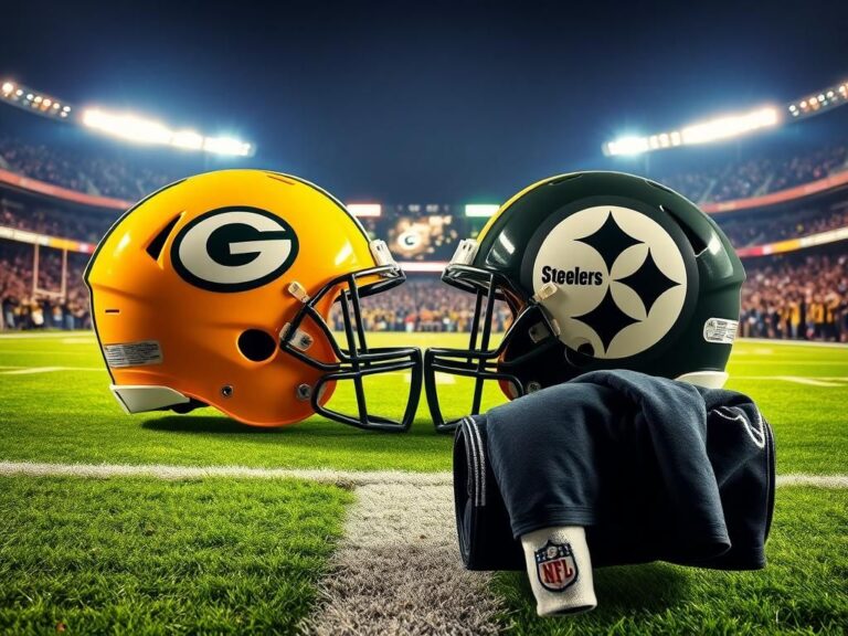 Flick International Vibrant football field under bright lights at a nighttime stadium with team helmets displayed