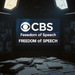 Flick International Dimly lit news studio featuring CBS logo and 'Freedom of Speech' on screen