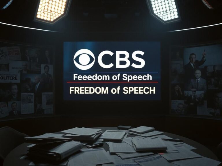 Flick International Dimly lit news studio featuring CBS logo and 'Freedom of Speech' on screen