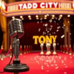 Flick International A sophisticated red carpet scene with a vintage microphone and shimmering trophies at the 2025 Tony Awards