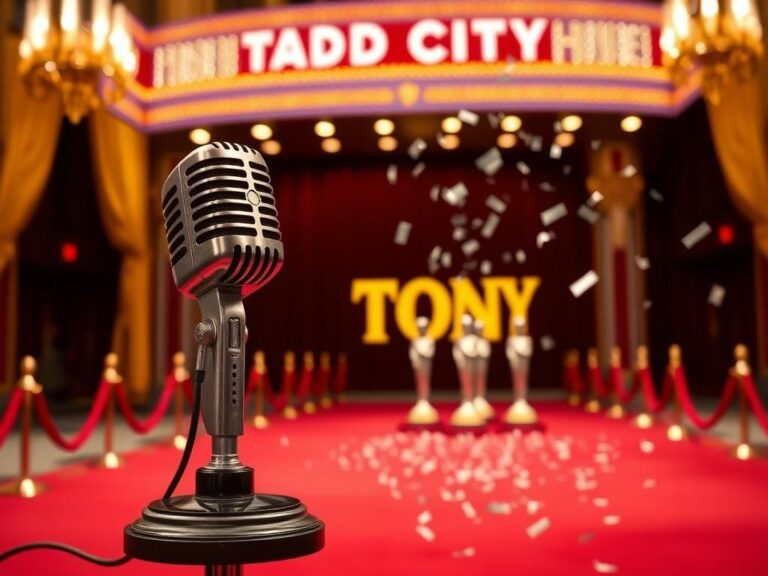 Flick International A sophisticated red carpet scene with a vintage microphone and shimmering trophies at the 2025 Tony Awards