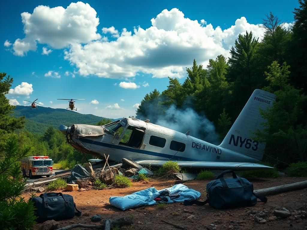 Flick International Wreckage of a skydiving plane crash in Tennessee with emergency response equipment nearby