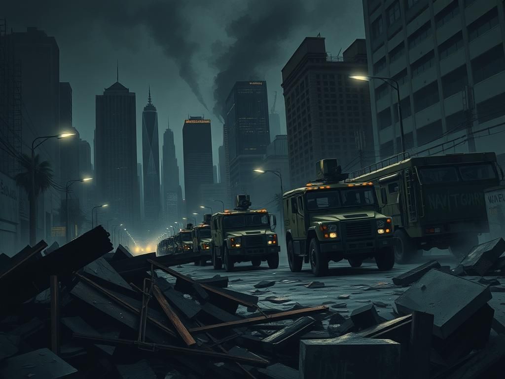 Flick International Chaotic urban scene in Los Angeles with military presence during riots