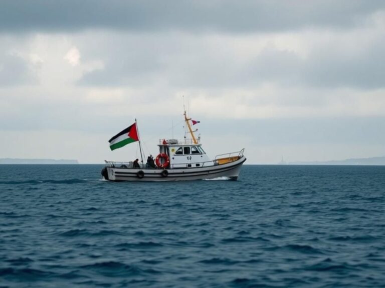 Flick International Humanitarian aid boat 'Madleen' with Palestinian flag on a deep blue sea under an overcast sky
